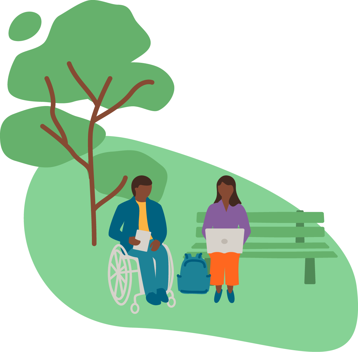 Person in a wheelchair using a tablet device next to a woman sitting on a park bench using a laptop