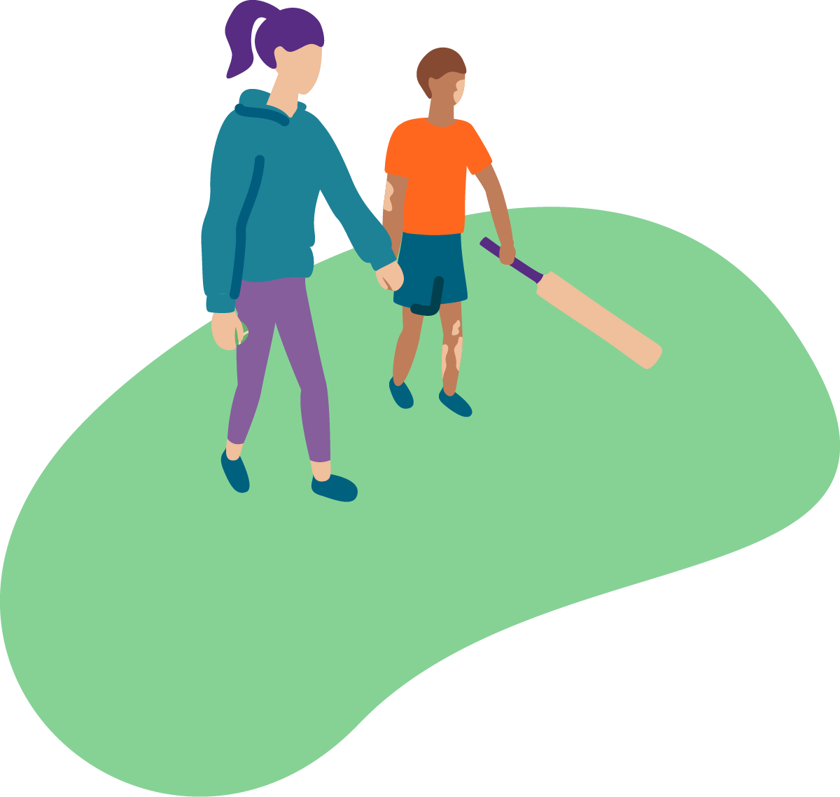 Teenage girl walking with a boy holding cricket bat
